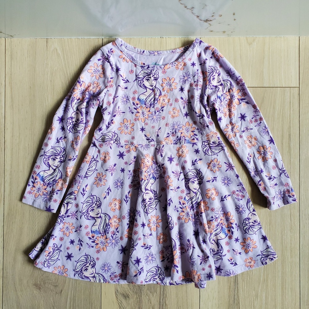 Disney Frozen Elsa Dress Toddler 3T Purple Floral Long Sleeve Skater